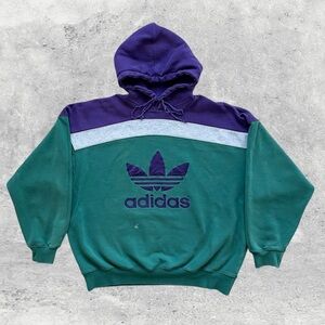 Vtg 90s Adidas Trefoil Colour Block Hoodie L Boxy 27.5” PTP Oversized Distressed